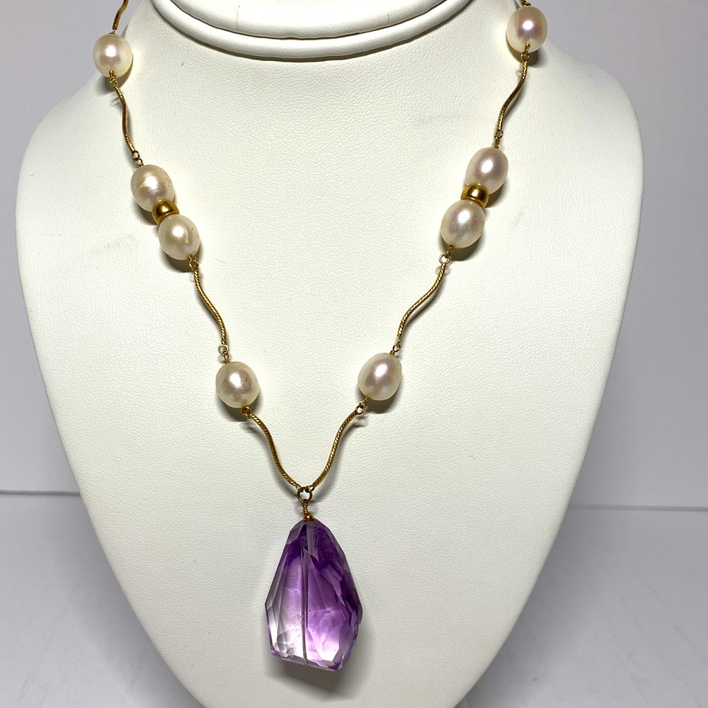 Handmade mother of pearl and Amethyst colored stone necklace